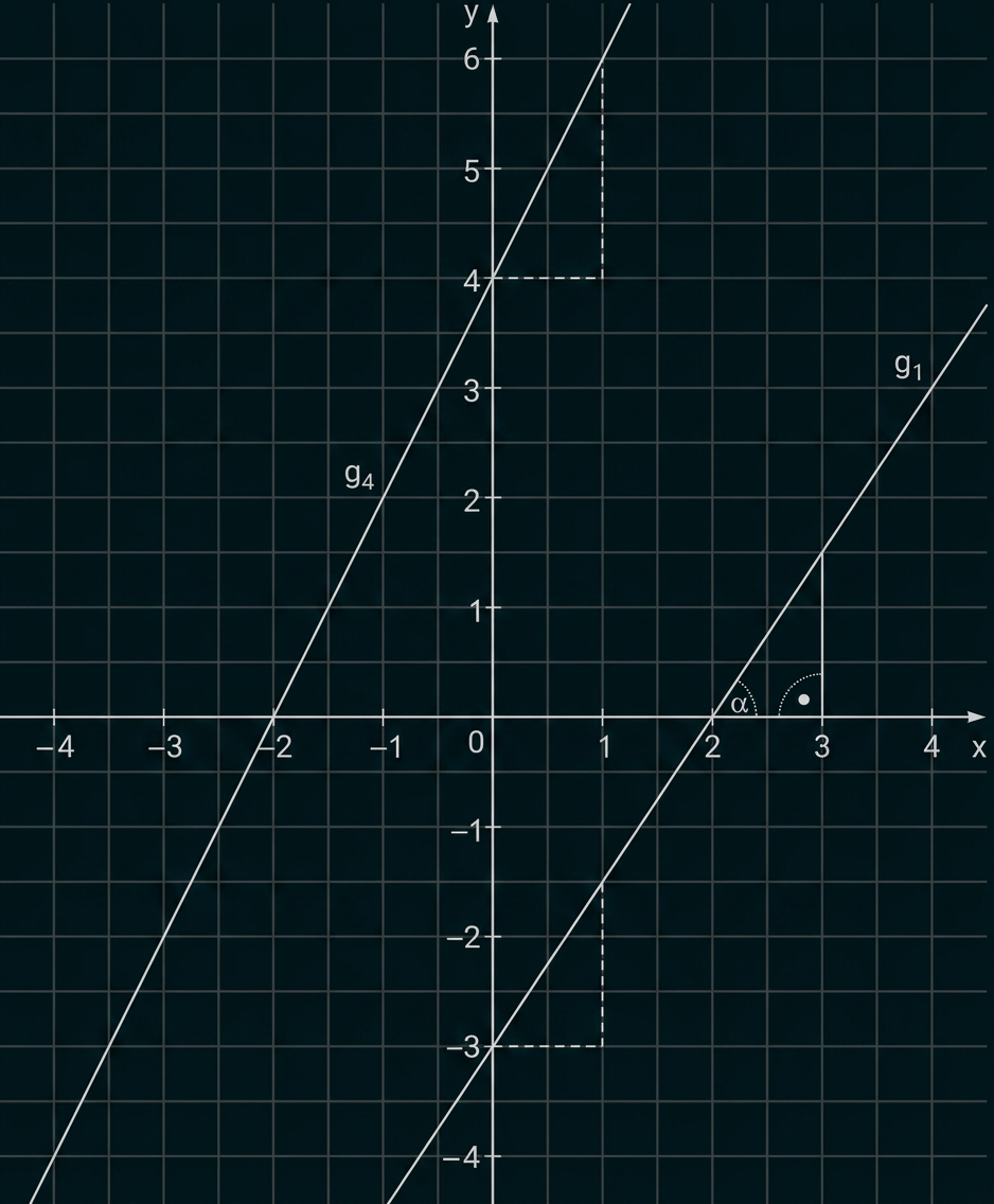 Koordinatensystem mit zwei parallelen Geraden g₁ und g₄, Steigungsdreiecken und markiertem Winkel α.